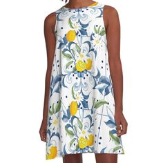 Loose-fit, mid-length sleeveless dress with silky handfeel. Printed on both sides. Machine washable. Size range XS-2XL. Summer, citrus Mediterranean style mosaic ,lemon fruit pattern Beach Dresses With Lemon Print, White Sleeveless Dress With Lemon Print, Multicolor Lemon Print Summer Dress, Yellow Sleeveless Lemon Print Sundress, V-neck Lemon Print Summer Dress, Italian Dresses, Italian Dress, Garden Dress, Lemon Dress