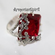 Armenian jewelry Red stone rings Silver with big stone Marcasite jewelry Beatiful ring red stone STE Red Gemstone Accent Jewelry For Party, Red Jewelry With Gemstone Accents For Party, Red Gemstone Accented Jewelry For Party, Red Party Jewelry With Gemstone Accents, Unique Jeweled Rings For Gift, Exquisite Red Jewelry With Gemstone Accents, Elegant Red Ruby Ring, Elegant Red Ruby Ring In Sterling Silver, Adjustable Red Formal Jewelry