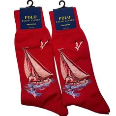 This Listing Is For A Pair Of Navy Blue & Red Pima Cotton Socks From Ralph Lauren Polo. The Socks Have A Nautical Theme, Featuring A Sailing Boat And Some Seagulls. Comfortable Red Socks For Summer, Ralph Lauren Men Casual, Argyle Socks, Mens Crew Socks, Black Socks, Athletic Socks, Mens Navy, Polo Ralph Lauren Mens, Sport Socks