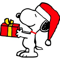 a cartoon character holding a gift box with a santa hat on it's head