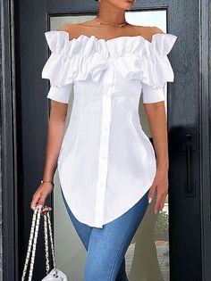 Plain V Neck Regular Fit Urban Blouse | stylewe White Top And Jeans Outfit Classy, Classic Blouses For Women, Off The Shoulder Top Outfit, Women White Blouse, Recycle Jeans, Professional Wardrobe, Girl Closet, Plain Style, Plain Blouse