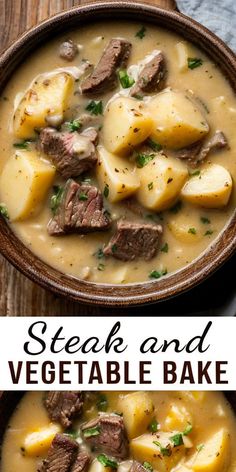 steak and vegetable bake in a brown bowl