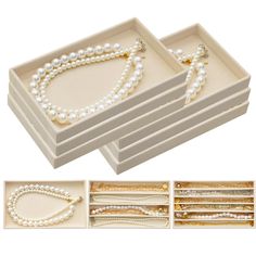 four different types of pearls and gold jewelry in boxes with matching clasps on each side