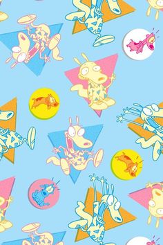 the cartoon characters are all different colors and sizes on this blue background with colorful shapes