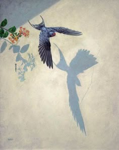 a painting of a bird flying next to a flower