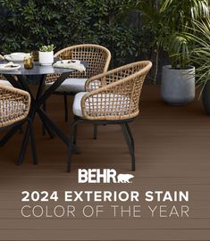 an outdoor dining table and chairs with the text behr 2020 exterior stain color of the year