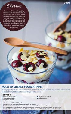 an advertisement for cherry yogurt pots with almonds and cherries