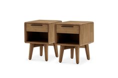 two wooden nightstands with one drawer open and the other closed on both sides, sitting side by side