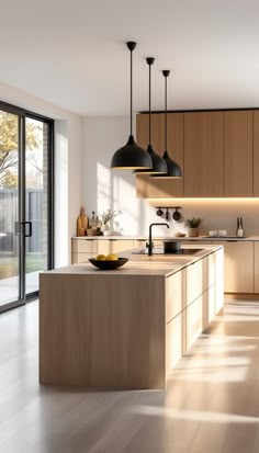 a modern kitchen with wooden cabinets and black pendant lights