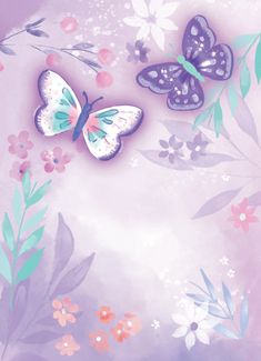 two butterflies are flying in the air above flowers and leaves on a purple background with pink, green, blue, and white colors