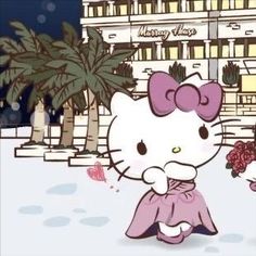 two hello kitty characters are standing in the snow outside an apartment building, one holding a bouquet of flowers