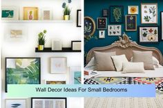 wall decor ideas for small bedroom with pictures on the wall and bed in between them