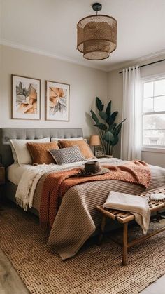 a bedroom with a large bed and two pictures on the wall above it, along with an ottoman