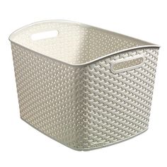 a white plastic basket with holes on the sides and handles is shown in front of a white background