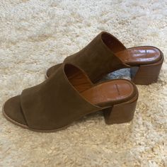 Never Worn Brown Suede Mules Size 10 Fits Like A 9.5 2 Inch Heel Casual Suede Sandals With 4-inch Heel, Brown Suede-lined Heels For Spring, Brown Suede Lined Heels For Spring, Fall Open Toe Mules With Padded Heel, Spring Heels With Suede Lining, Casual Spring Heels With Suede Lining, Brown Sandals With Suede Lining For Spring, Medium Width Open Toe Suede Mules, Spring Suede Mules With Open Heel