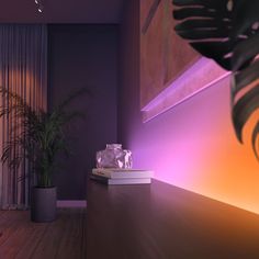 a room with purple lighting and a plant in the corner