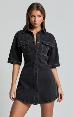 Leilani Mini Dress - Denim Short Sleeve Button Up Dress in Washed Black | Showpo USA Wide Leg Jeans Shoes, Casual Festival, Red Sequin Dress, Basic Black Dress, Neon Outfits, Bachelorette Dress, Spring Maxi Dress, Navy Bridesmaid Dresses