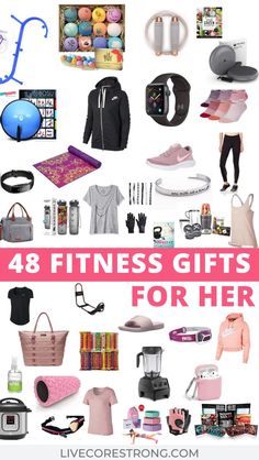 a collage of photos with the words,'48 fitness gifts for her '