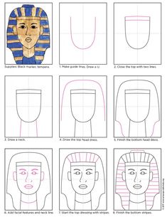 step by step instructions to draw an egyptian mask for kids and adults, with pictures on it