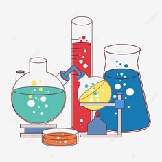 an illustration of laboratory equipment with liquid and flasks, beakle, test tube, glass png and psd