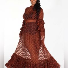 Long Sheer Brown Dress With Ruffles Long Sleeve And Bottom Hem Brown Long Dress, Curvy Maxi Dress, Polka Dot Maxi Dress, Sheer Maxi Dress, Polka Dot Maxi Dresses, Dress With Ruffles, Ruffle Long Sleeve, Curvy Dress, Ruffled Maxi Dress