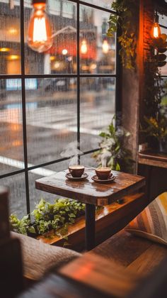 two coffee cups sit on a table in front of a window with rain coming down