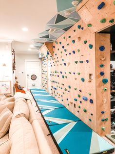 a living room filled with lots of furniture and climbing wall mounted to the side of a wall