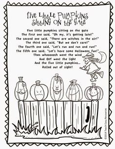 a coloring book page with pumpkins on the fence and poem written in black ink