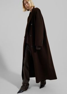 Gaia Double Breasted Coat - Brown – The Frankie Shop Maxi Wool Coat, Nyc Clothes, Brown Trench Coat, Frankie Shop, Long Wool Coat, Long Coats, Double Breasted Coat, Oversized Silhouette, Long Coat