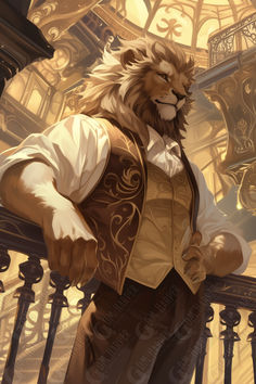 a lion in a vest standing next to a railing