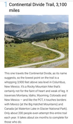 a road with mountains in the background and text that reads continental divide trail 3, 100 miles