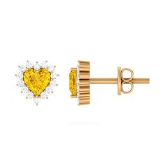 Lab Grown Yellow Sapphire Heart Earrings with Diamond Lab Created Yellow Sapphire - ( AAAA ) - Quality - Rosec Jewels Valentine's Day Yellow Gold Earrings With Prong Setting, Valentine's Day Halo Design Fine Jewelry, 14k Yellow Gold Heart Earrings With Prong Setting, Yellow Gold Heart Earrings With Brilliant Cut For Anniversary, Yellow Gold Heart Earrings With Prong Setting For Gift, Yellow Gold Brilliant Cut Heart Earrings For Anniversary, Yellow Gold Heart Pendant Earrings For Anniversary, Heart-shaped Yellow Jewelry For Weddings, Heart Shaped Yellow Jewelry For Wedding