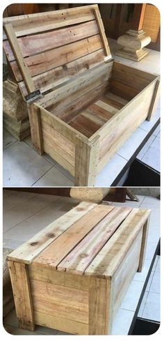 two pictures of a bed made out of wooden pallets and one has a bench built into it