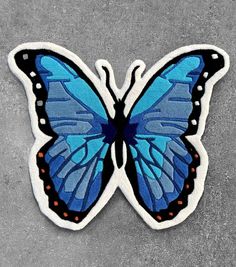 a blue butterfly sitting on top of a cement floor next to a white and black wall