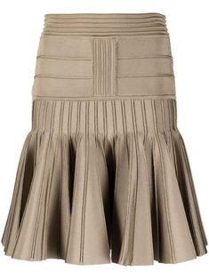 taupe knitted construction seam detailing high waist pleated skirt thigh-length straight hem Knitted Mini Skirt, Oversized Wool Coat, Pleated Knit, Brown Mini Skirt, Balmain Clothing, Knitwear Trends, Skirt Collection, Fashion Knitting, Fashion Highlights