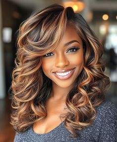 Colors For Black Hair, Hair Fall Colors, Fall Hair Colors For Black Women, Long Wavy Bob, Natural Hair Fall, Hair Color For Dark Skin, Honey Blonde Hair, Color Depth, Fall Hair Colors