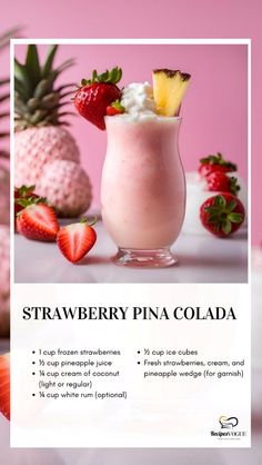 a strawberry pina cola with strawberries and pineapples on the side, in front of a pink background