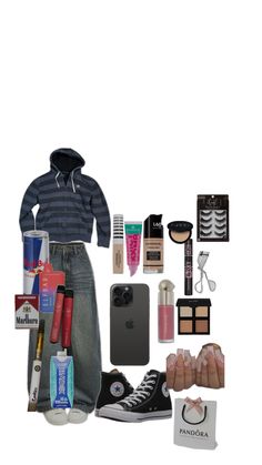 the contents of a woman's outfit including shoes, cosmetics and other items