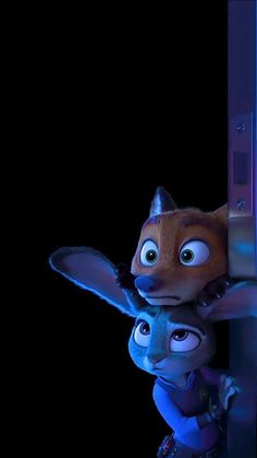 two cartoon characters standing next to each other in front of a wall with blue lights