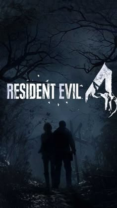 the title for resident evil 4, with two people walking through a dark forest at night