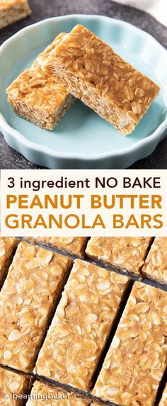 three ingredient no bake peanut butter granola bars on a blue plate with text overlay