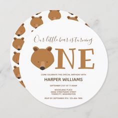 a little bear themed first birthday party is featured on the front of this round card