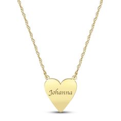 This lovely necklace features a 14K yellow gold heart customized with your name in an elegant serif font. The pendant suspends from an 18-inch rope chain that secures with a spring ring clasp. Heart Shaped Yellow Gold Name Necklace, Personalized Yellow Gold Heart-shaped Name Necklace, Personalized Heart-shaped Yellow Gold Name Necklace, Yellow Gold Custom Name Heart Pendant Necklace, Customizable Yellow Gold Necklace For Valentine's Day, Mother's Day Yellow Gold Name Necklace With Heart Charm, Personalized Yellow Gold Heart Pendant Name Necklace, Customizable Yellow Gold Heart Pendant Name Necklace, 14k Gold Heart Pendant Name Necklace