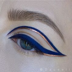 Eyebrow, Face, Eye, Eyelash, Blue, Eye shadow, Skin, Eye liner, Product, Organ, Fantasy Make-up, Gold Eyeliner, Eyeliner Tips, Graphic Eyeliner, Graphic Liner, Eye Makeup Art, Fantasy Makeup, Eyes Makeup, Editorial Makeup