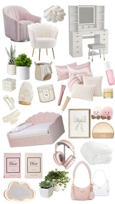 a collage of pink and white items including a bed, chair, desk, mirror, potted plant and other things