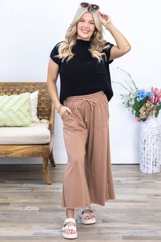 Product Details Color/Wash: Mocha Rise: High Rise Style: Pull On Elastic Tie Waist Brand: First Love Material and Care 87% Cotton 9% Rayon 4% Spandex Machine Wash Warm Tumble Dry Low Size and Fit Small: Waist 28" Rise 12.5" Inseam 23.5" Medium: Waist 30" Rise 13" Inseam 23.5" Large: Waist 32" Rise 13.5" Inseam 24" Photo model is 5'4 and wearing a size small Video model is 5’8 and wearing size small High Rise Style, Photo Model, Crop Pants, Small Waist, Cropped Pants, Mocha, Tumble Dryer, First Love, High Rise