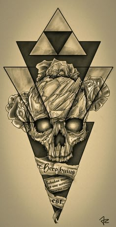 a drawing of a skull with roses on it's head and an arrow in the middle