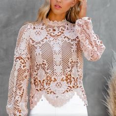 Gorgeous Lilac Lace Top, Brand New With Tags. Feminine Long Sleeve Top With Crochet Lace, Spring Hollow Out Beige Top, Spring Beige Hollow Out Top, Beige Hollow Out Top For Spring, Spring Party Crochet Top With Long Sleeves, Spring Party Long Sleeve Crochet Top, Elegant Crochet Top For Spring Day Out, Spring Party Crochet Top, Spring Party Lace Top With Crochet Lace