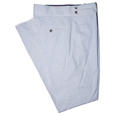 A must-have style in every man’s wardrobe, you will never look boring again with these striped trousers in blue and white. Elegantly made with high quality craftsmanship in a straight fit, flat-front style from premium quality cotton seersucker, these trousers feature a button and zip closure with a wide waistband with two extended fastening tabs. This pair of men's pants is perfect for work and everyday wear, business meetings, parties, gala dinners or summer weddings. Buy it for yourself, or gift it to a loved one for an anniversary, holiday, birthday or just because. Actual colors may vary. This is due to computer monitors displaying colors differently and everyone can see these colors differently. ABOUT: • Brand: Chiragh • Color: Blue, white • Features: Four pockets, cummerbund-style w Formal Bottoms With Vertical Stripes For Summer, Formal Summer Bottoms With Vertical Stripes, Elegant White Pants With Vertical Stripes, Elegant White Striped Pants, Striped Bottoms For Business Casual In Summer, Striped Bottoms For Business Casual Summer, Summer Striped Bottoms For Business Casual, White Vertical Stripes Workwear Pants, Striped Cotton Bottoms For Business Casual