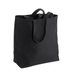 a black tote bag on a white background with the handles down and one side open